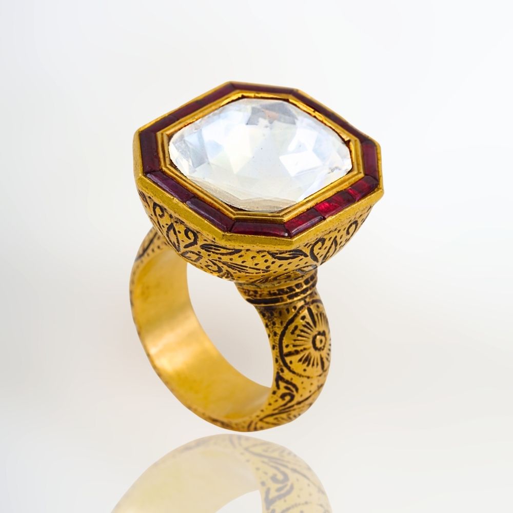 Vintage-Style Engraved Gold Ring with Large Hexagonal Rock Crystal and Ruby Accents
