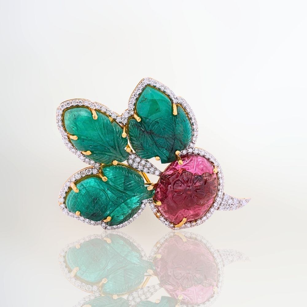 Carved Green Tourmaline & Rubellite Flower Brooch with Pave Diamonds in Gold