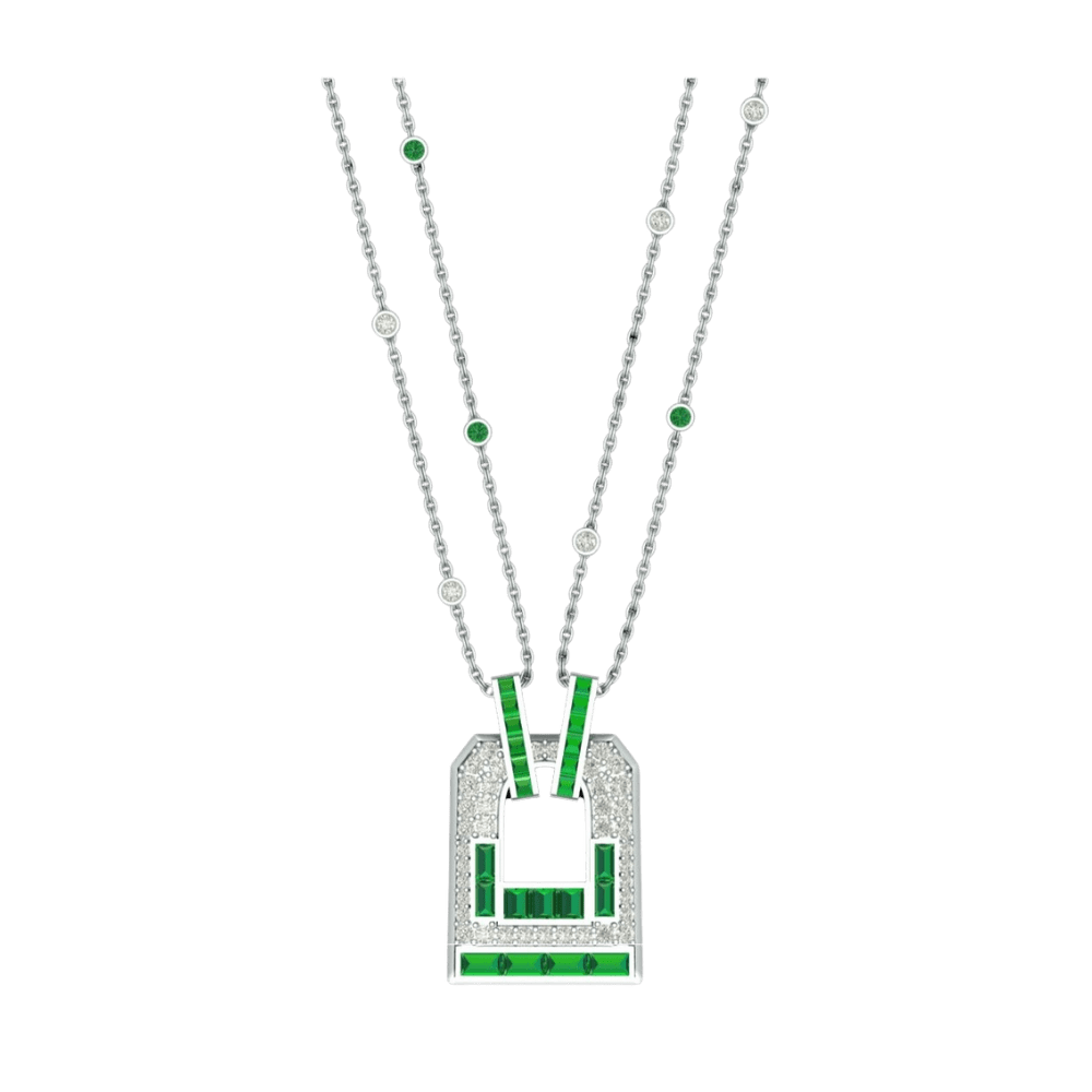 Art Deco diamond and emerald geometric pendant necklace with double-strand chain