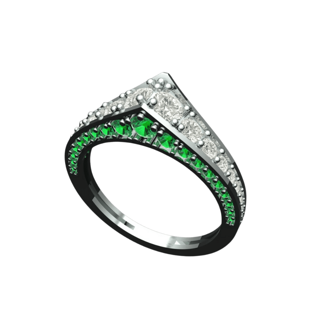 White gold chevron ring with pave diamonds and a row of round-cut green emerald gemstones