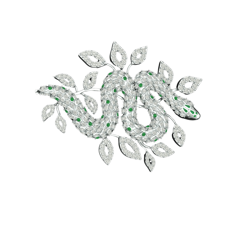 Diamond pave snake brooch with emerald accents and white gold leaves on black background