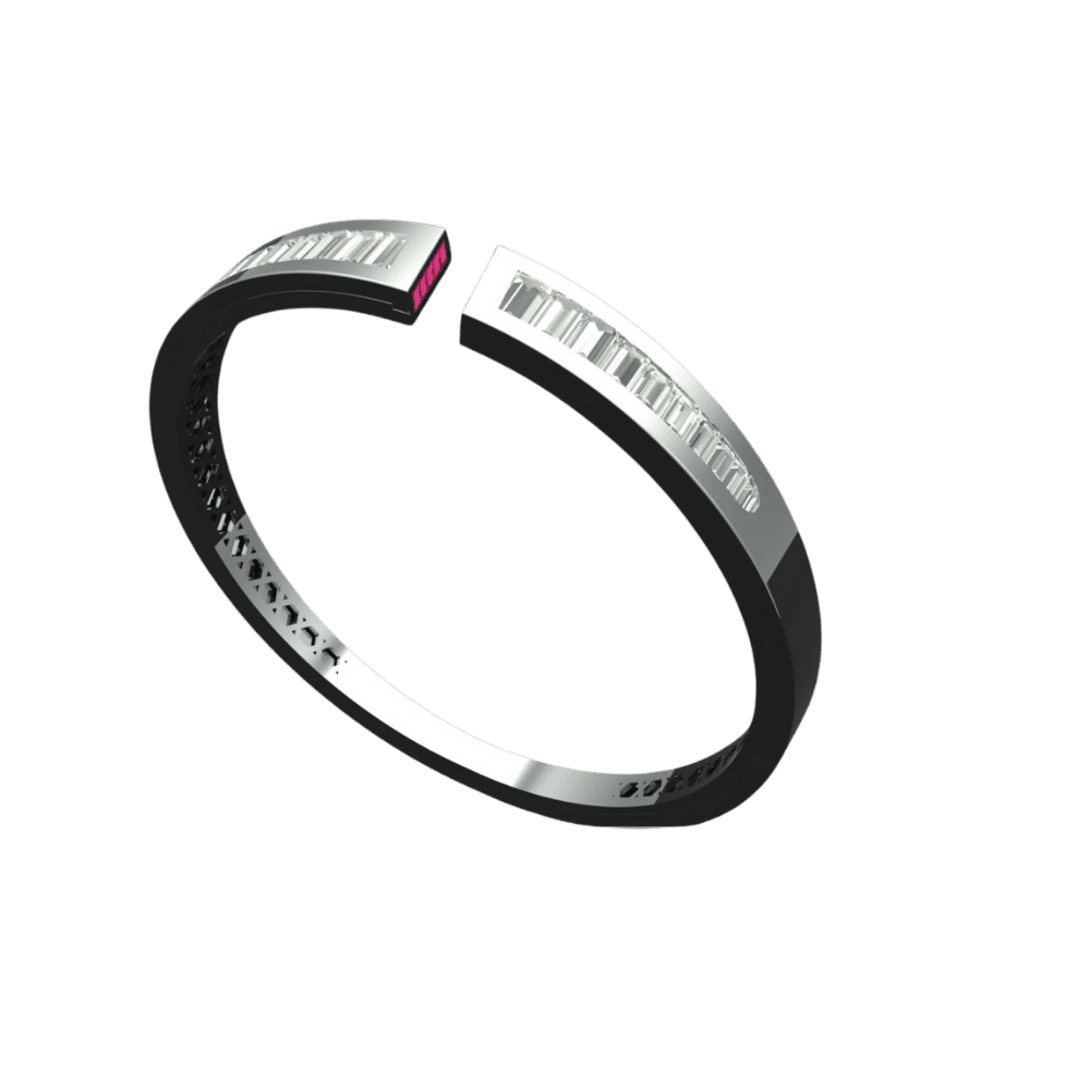 White gold open cuff bracelet with channel-set baguette diamonds and a small ruby accent