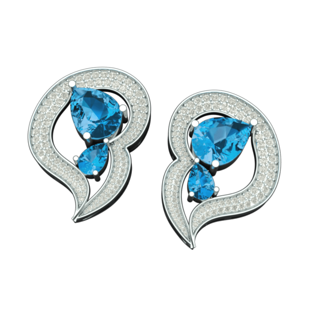 White gold diamond pave heart-shaped earrings with two pear-cut blue topaz gemstones