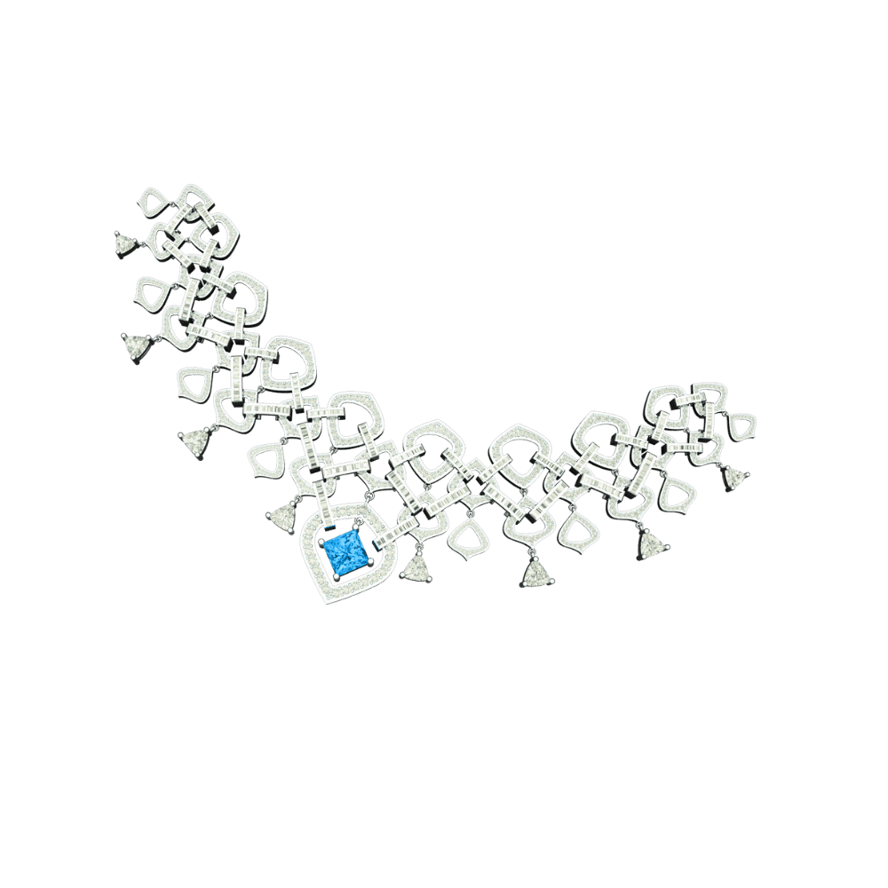 Angled view of Tribhanga Azure Lattice Diamond Necklace showing diamond droplets.