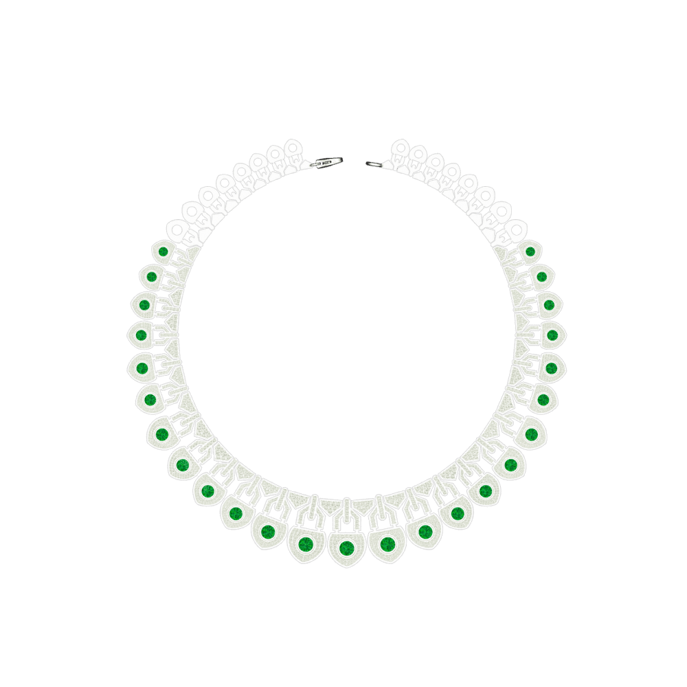 Detail view of the emerald settings on the Tribhanga Shield Necklace.