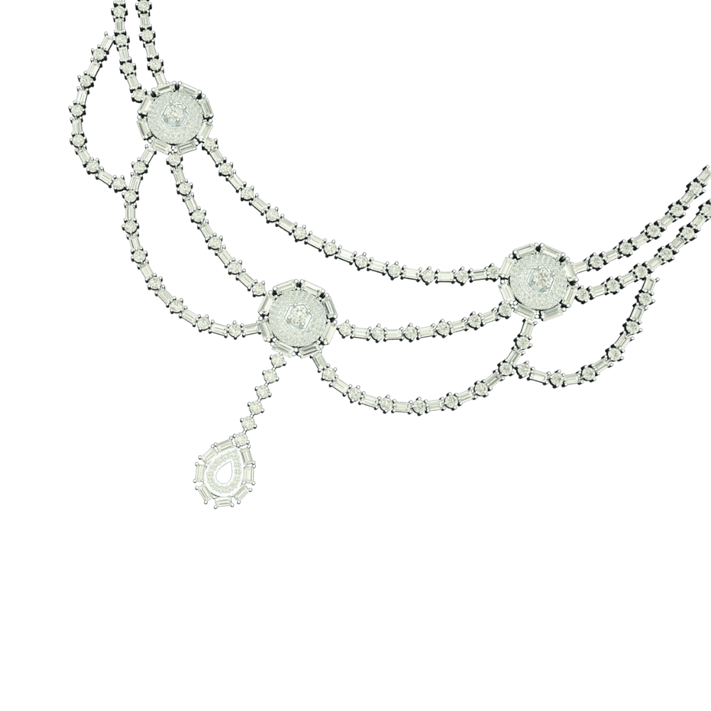 Angled view of Tribhanga Astral Festoon Necklace showcasing hexagonal medallions.