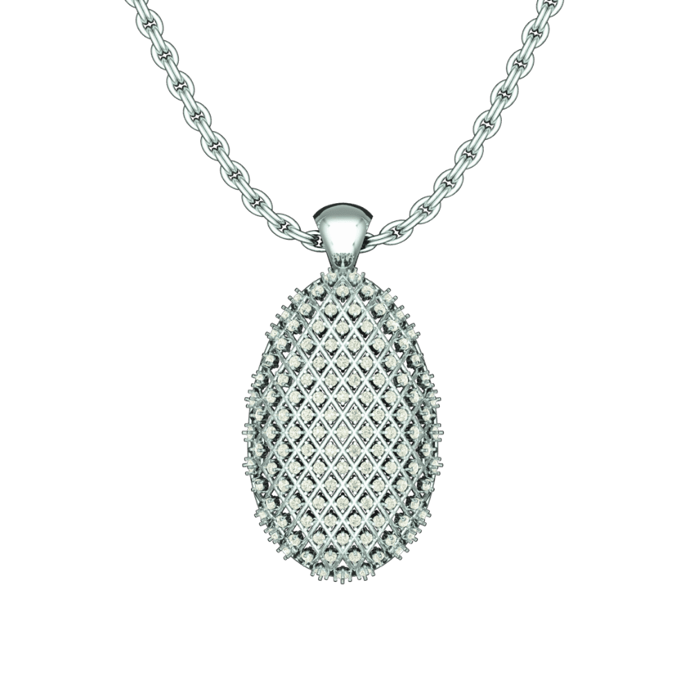 Tribhanga Diamond Lattice Medallion Pendant front view on white gold chain.