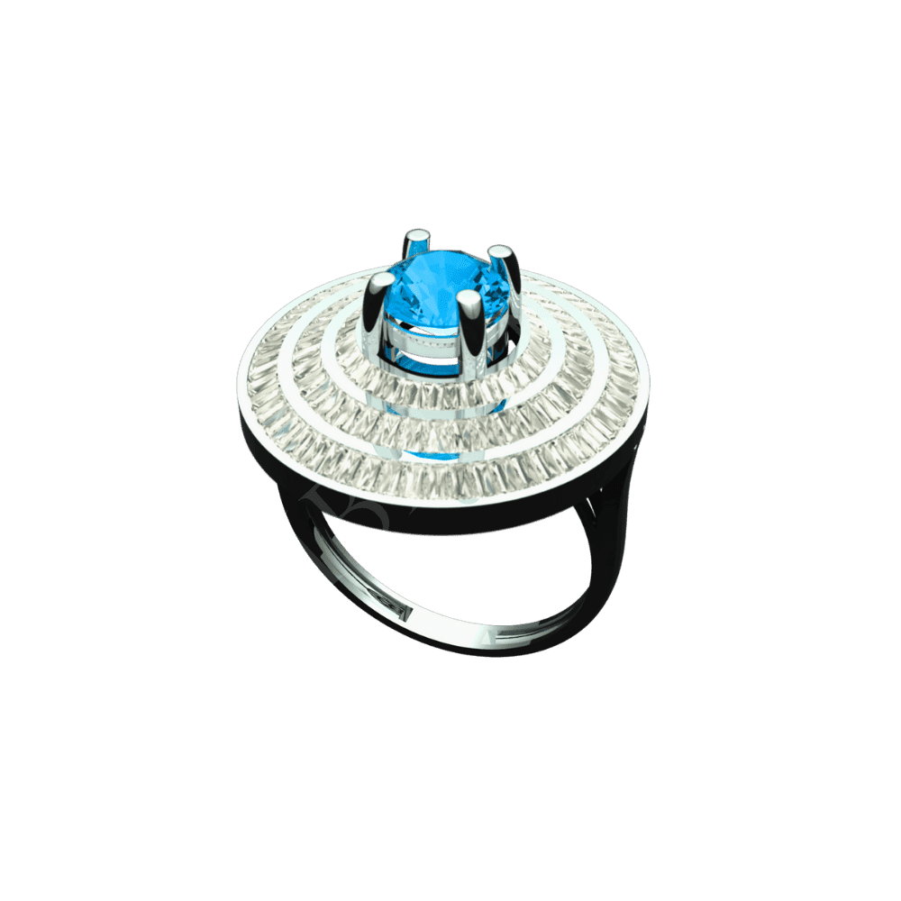 Angled view of Tribhanga Azure Halo Tiered Ring showing 3D structural layers.