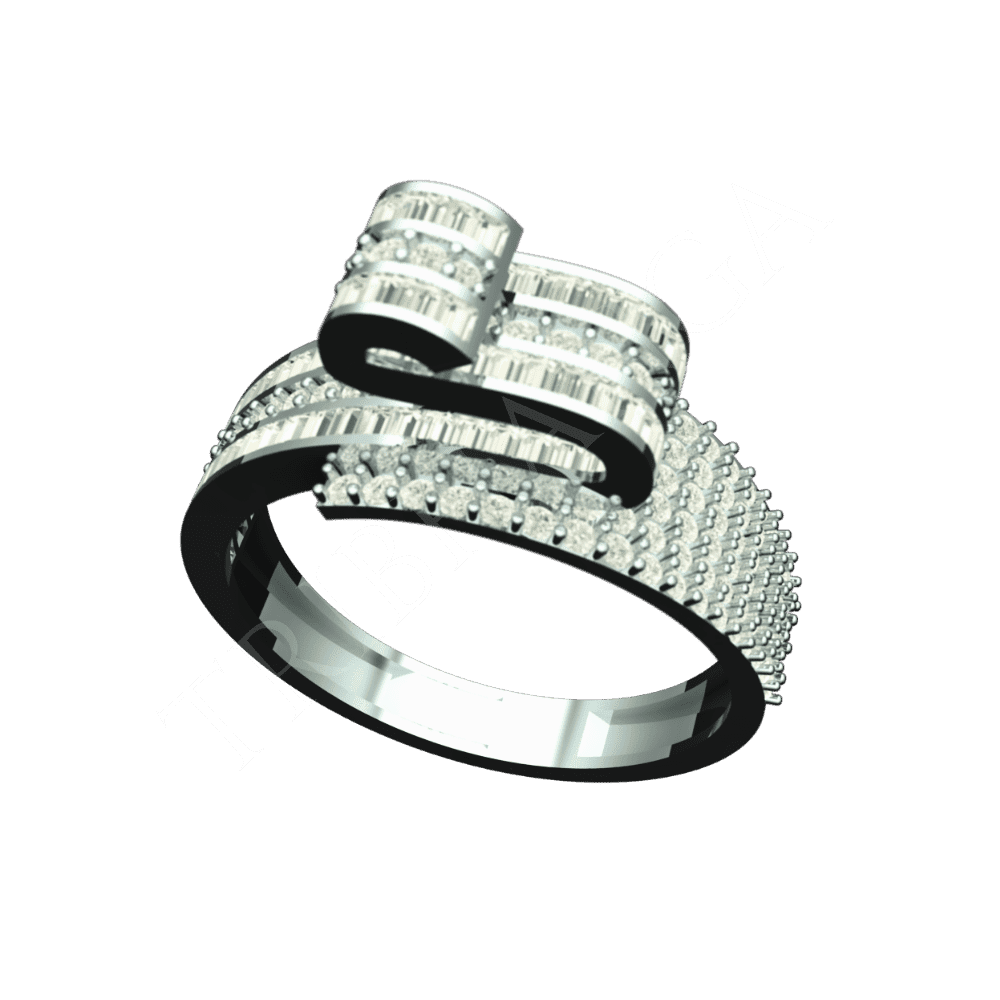 Angled view of Tribhanga Vortex Diamond Bypass Ring showcasing sculptural curves.