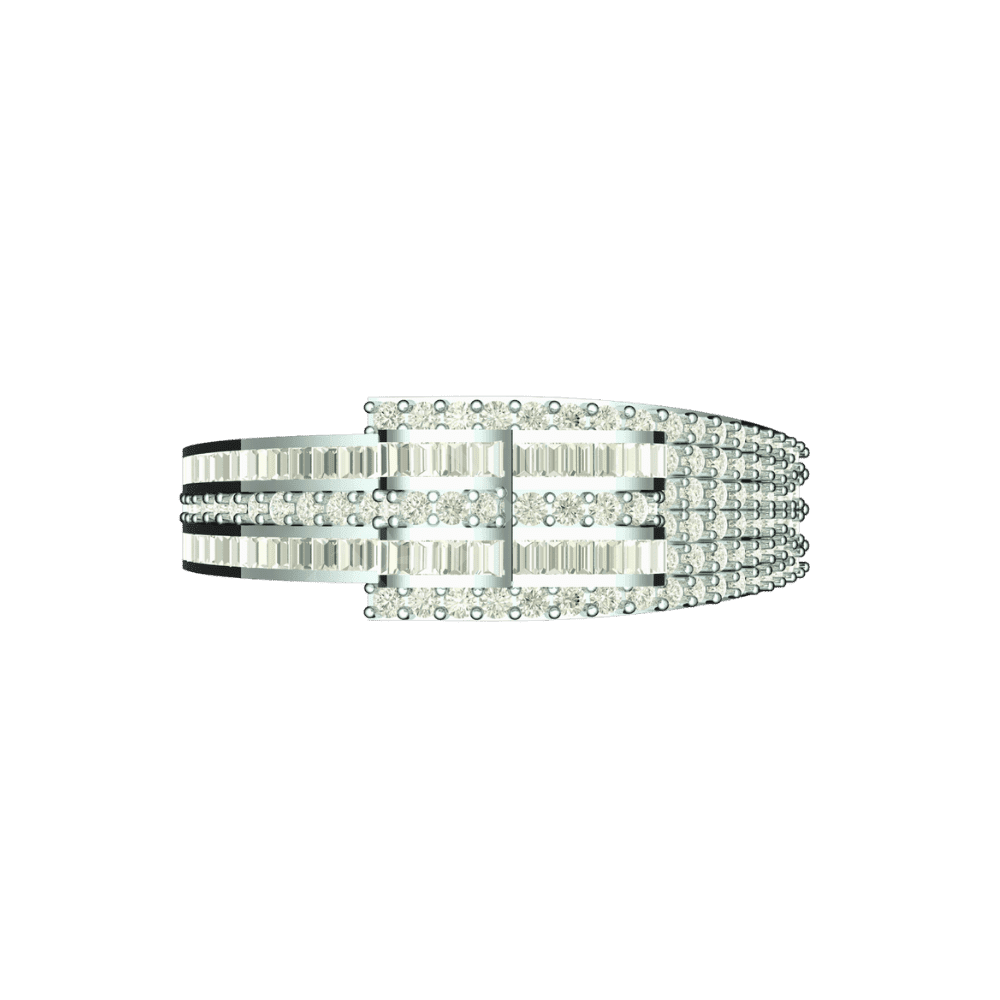 Tribhanga Vortex Diamond Bypass Ring showing baguette and pavé diamond rows.