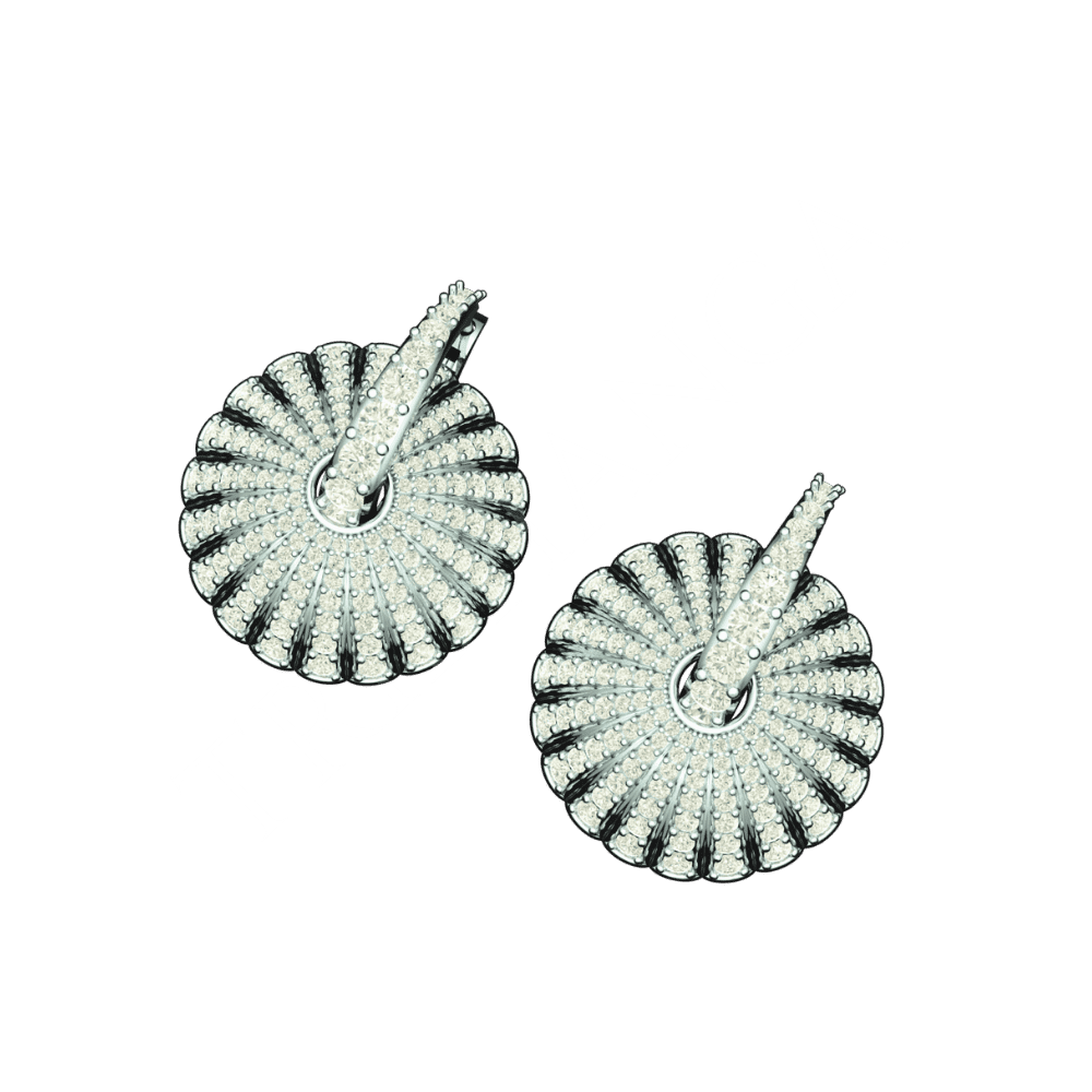 Angled view of Tribhanga Radial Bloom Diamond Earrings showing 3D texture.