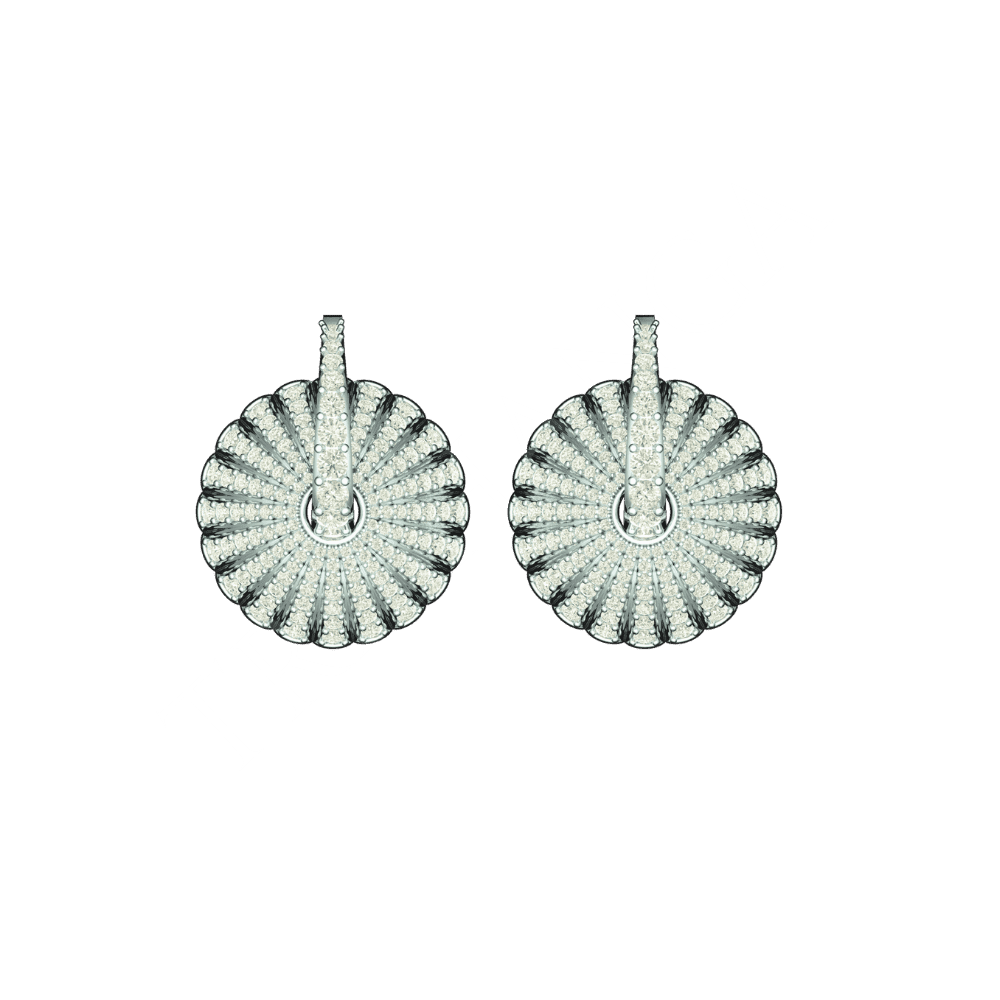 Tribhanga Radial Bloom Diamond Earrings in white gold front view.