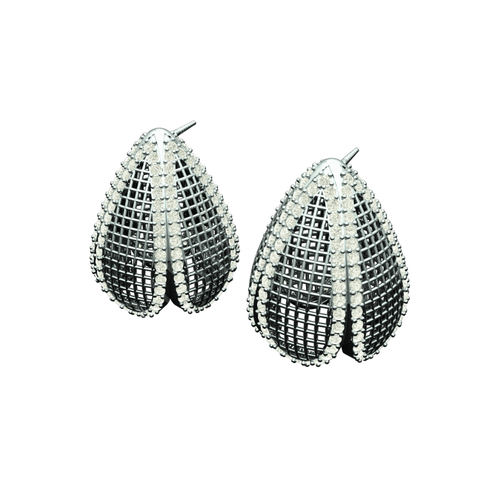 Angled view of Tribhanga Lattice Drop Diamond Studs showing 3D grid texture.