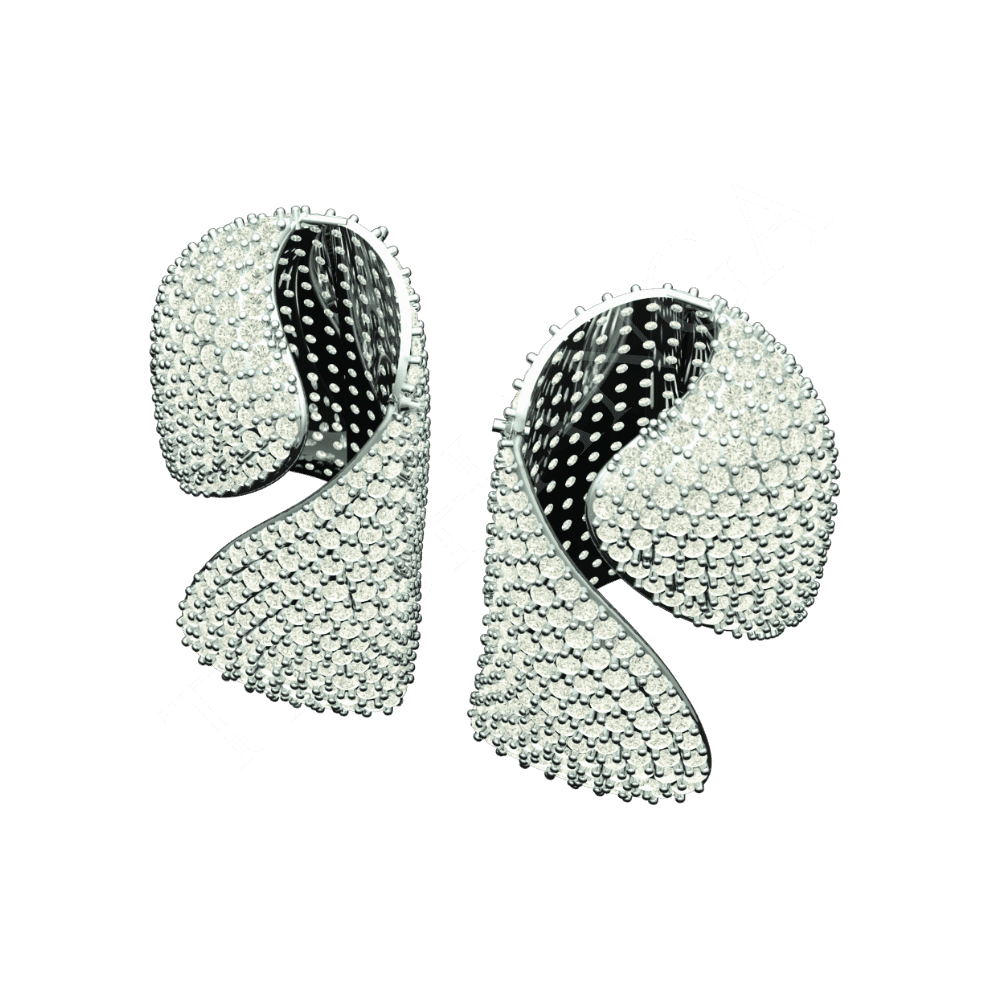 Angled view of Tribhanga Sculptural Ribbon Pavé Earrings showing 3D folds.