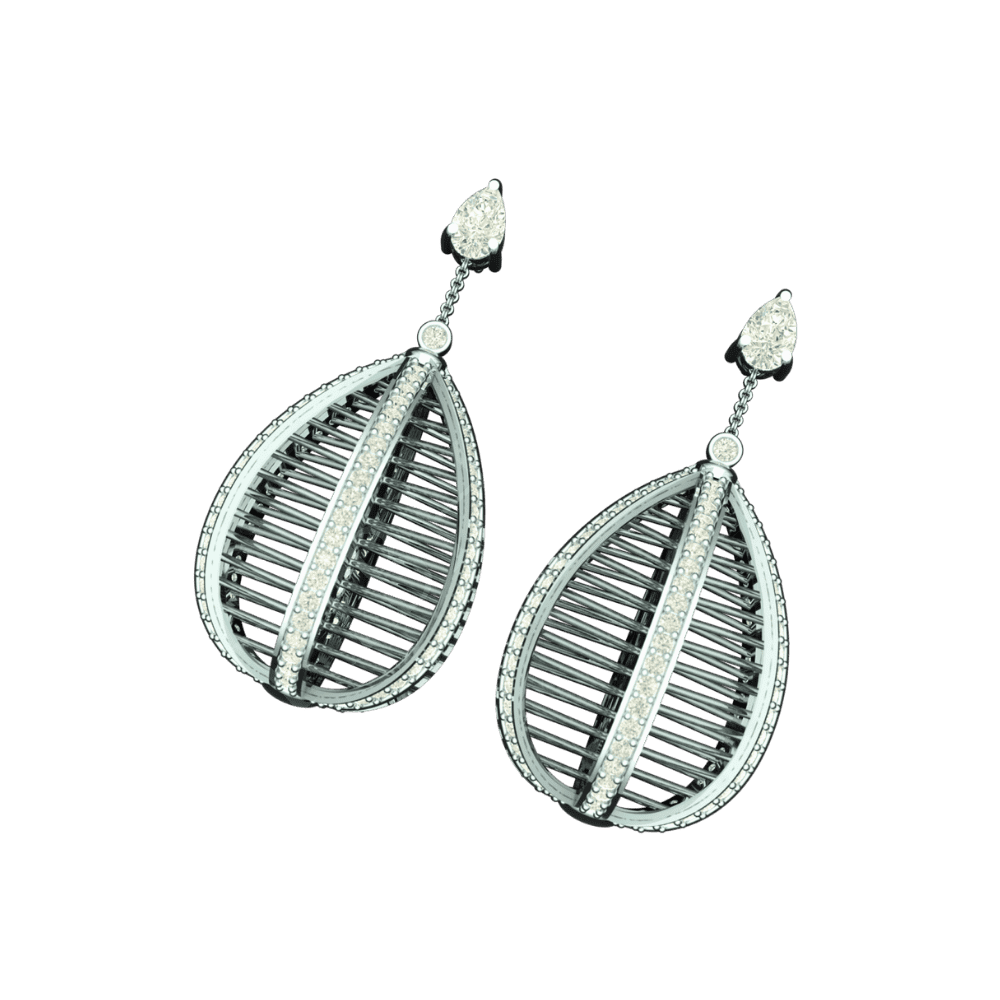 Angled view of Tribhanga Astral Cage Drop Earrings showing 3D depth and pear-cut studs.