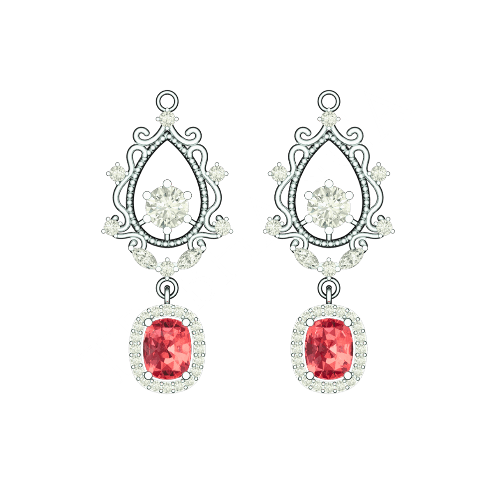 Tribhanga Crimson Halo Filigree Earrings front view with red gemstones.
