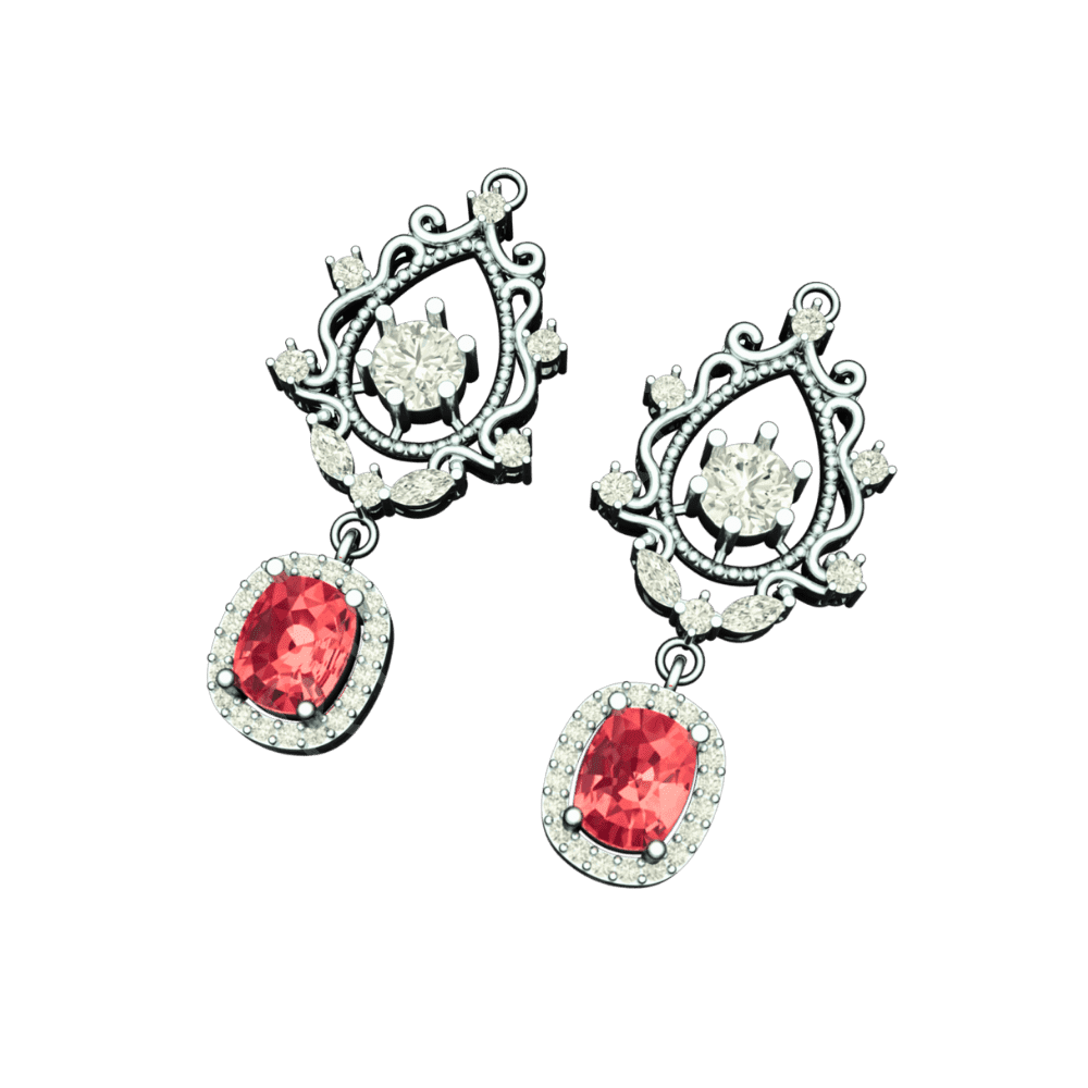 Angled view of Tribhanga Crimson Halo Filigree Earrings showing 3D detailing.