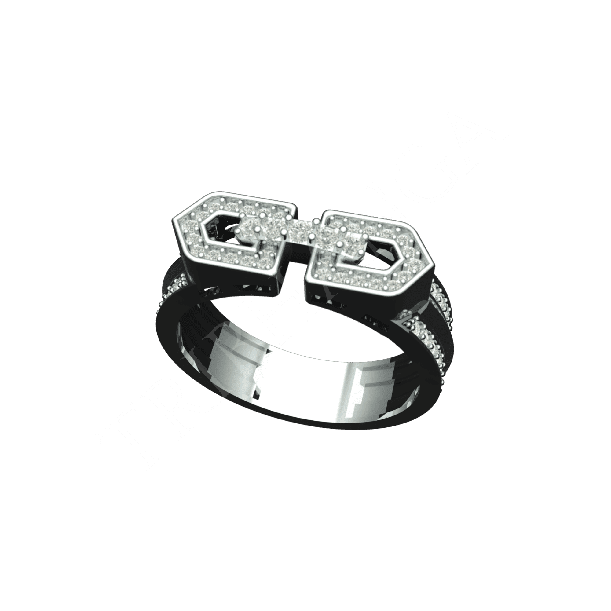 Angled view of Tribhanga Dual-Prism Link Diamond Ring showing 3D depth and split shank.