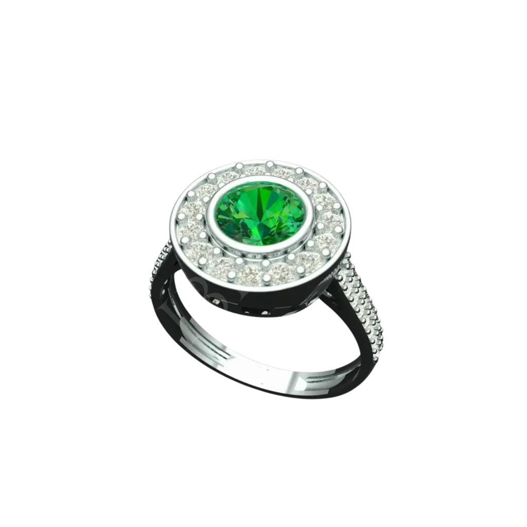 Angled view of the Tribhanga emerald bezel ring showing the sleek setting.
