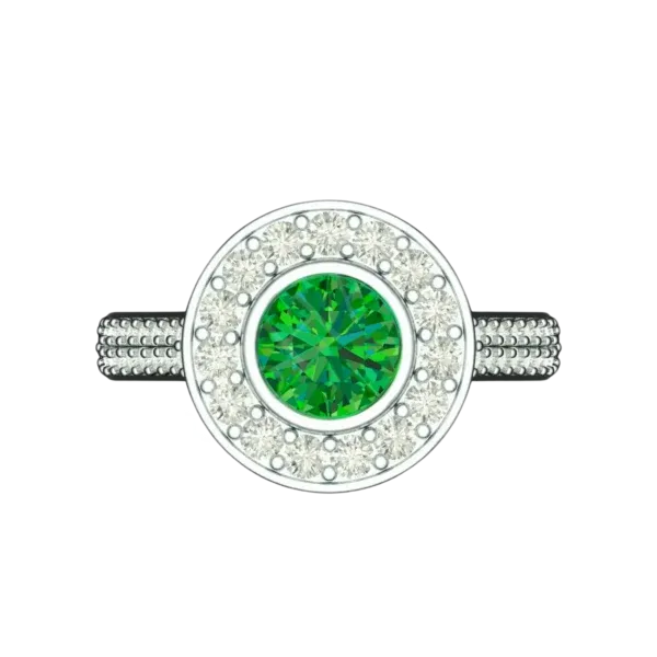 Top view of the Tribhanga emerald bezel ring displaying the concentric design.