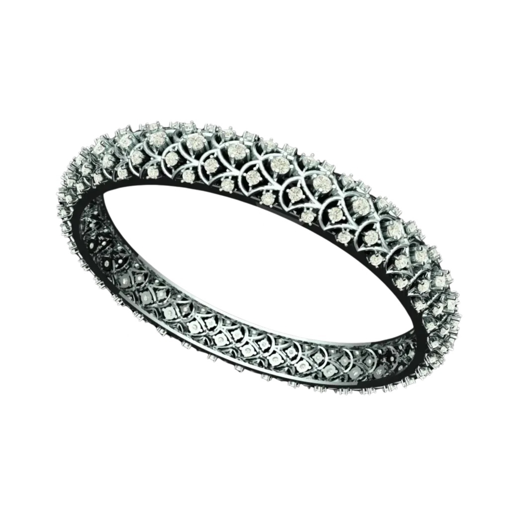 Tribhanga white gold eternity bracelet with intricate side filigree.