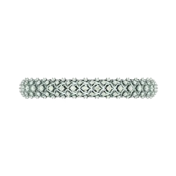 Top view of white gold filigree eternity bracelet with round diamonds.