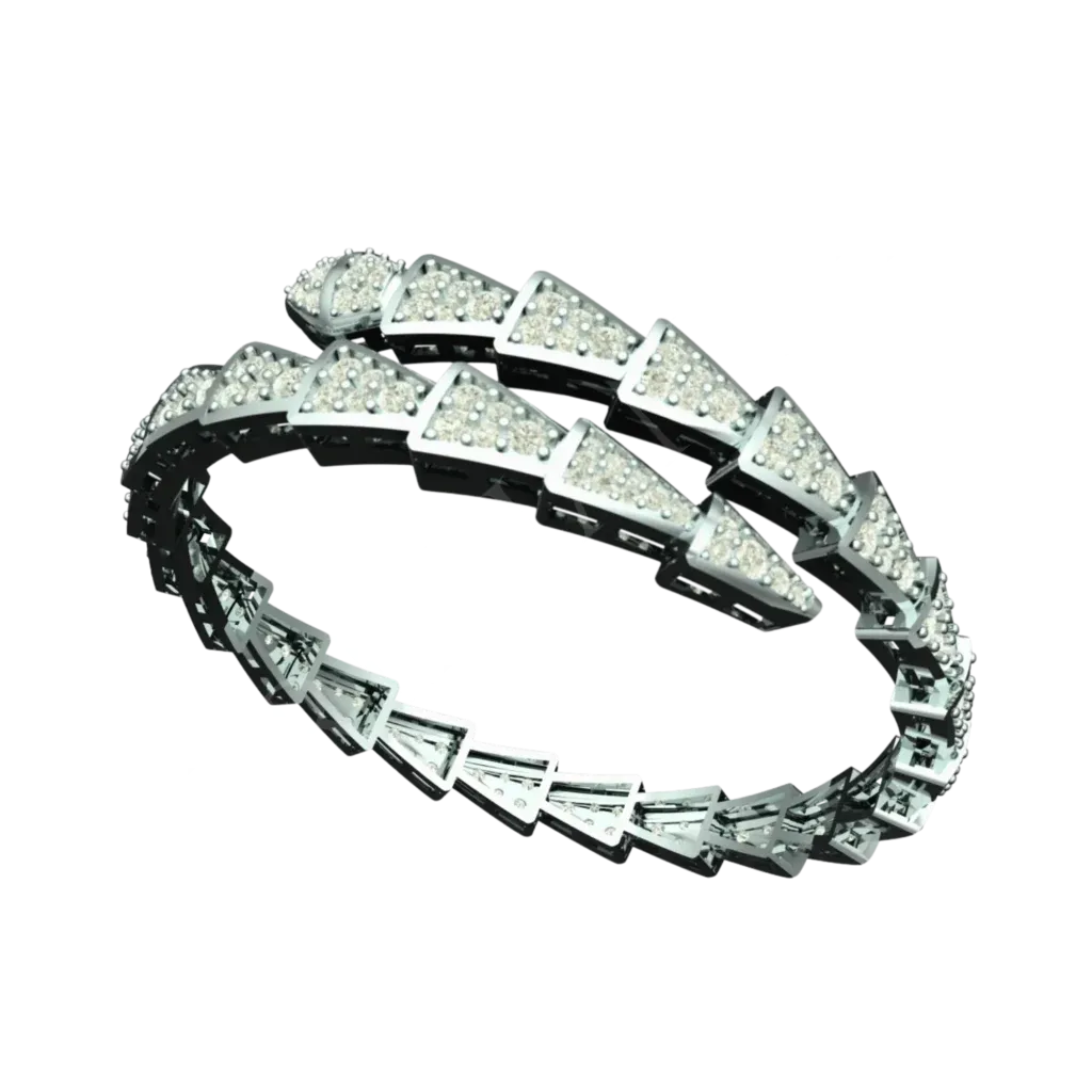 Geometric white gold bracelet with spiral diamond design.