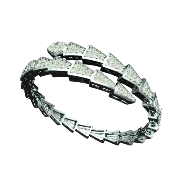Geometric white gold bracelet with spiral diamond design.