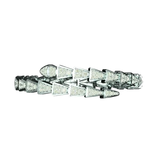 Top view of geometric white gold bracelet with diamond triangles.