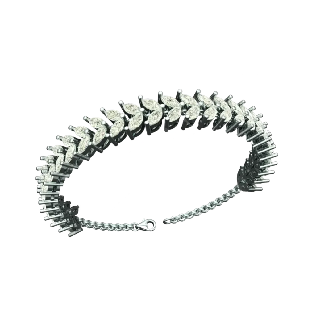 Tribhanga white gold marquise diamond bracelet in leaf pattern.