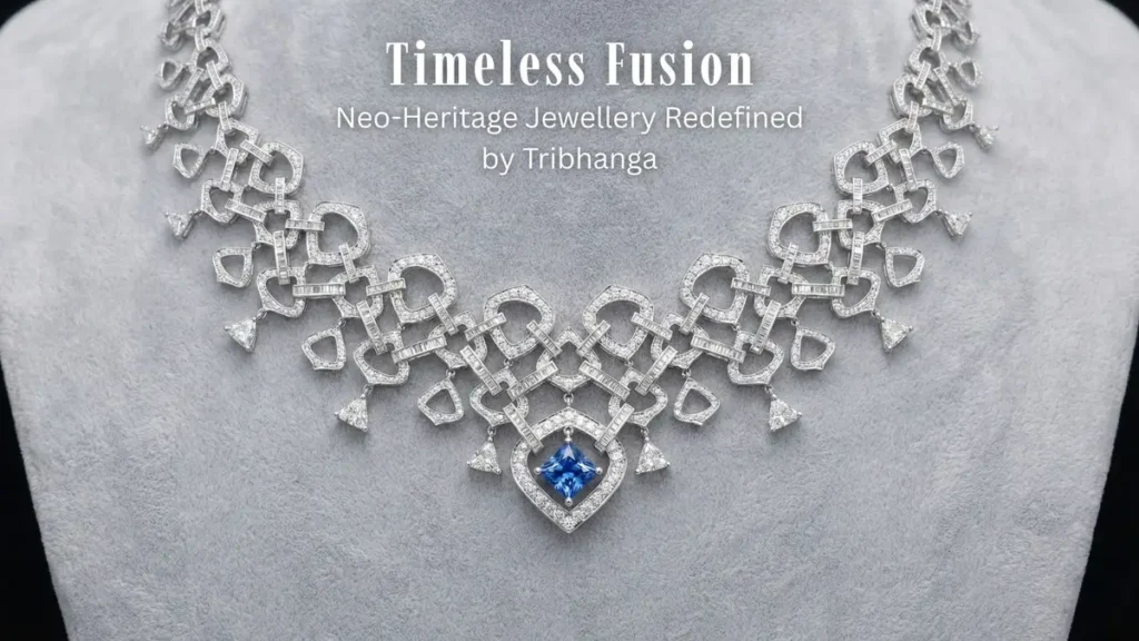 Close-up of a diamond and blue sapphire necklace on a grey display bust, with text overlay reading "Timeless Fusion Neo-Heritage Jewellery Redefined by Tribhanga
