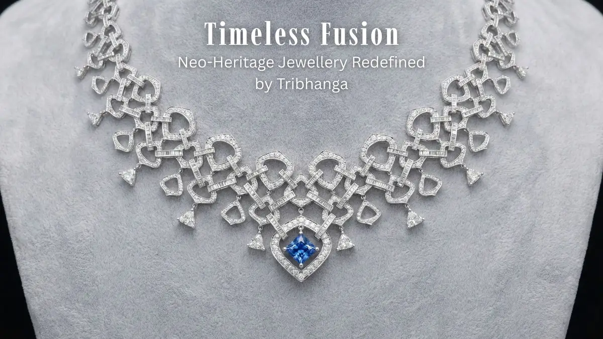 Close-up of a diamond and blue sapphire necklace on a grey display bust, with text overlay reading "Timeless Fusion Neo-Heritage Jewellery Redefined by Tribhanga