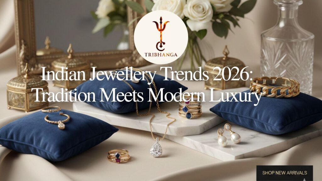Luxury Indian gold and diamond jewellery collection for 2026 including necklaces, rings, and pearl earrings displayed on navy blue velvet cushions and marble.