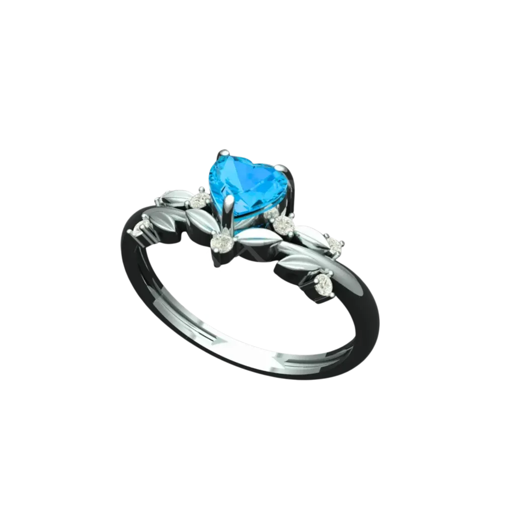 Angled view of the Tribhanga blue heart ring showing the floral band details.
