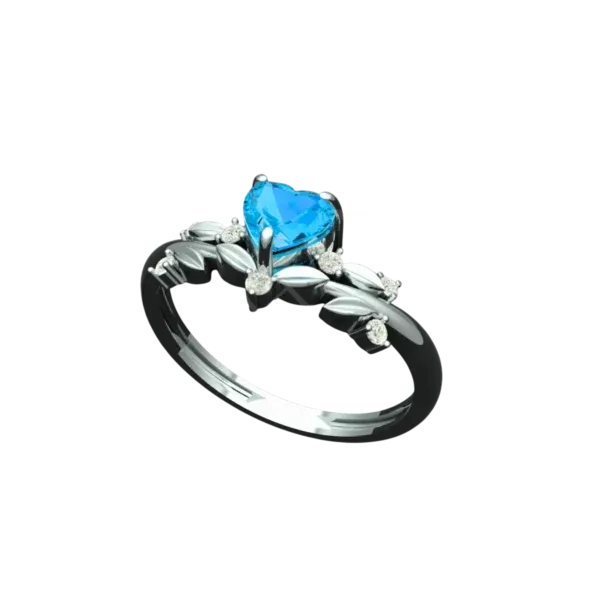 Angled view of the Tribhanga blue heart ring showing the floral band details.