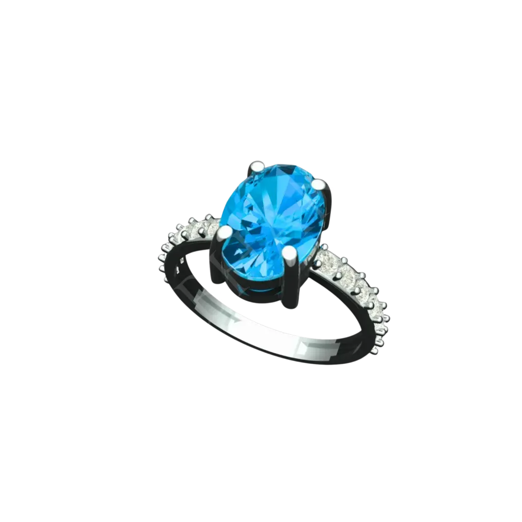 Angled view of the Tribhanga blue topaz ring showing the oval cut and setting.