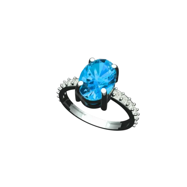 Angled view of the Tribhanga blue topaz ring showing the oval cut and setting.