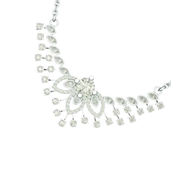 Angled view of the Tribhanga bridal diamond necklace showcasing the layered setting.
