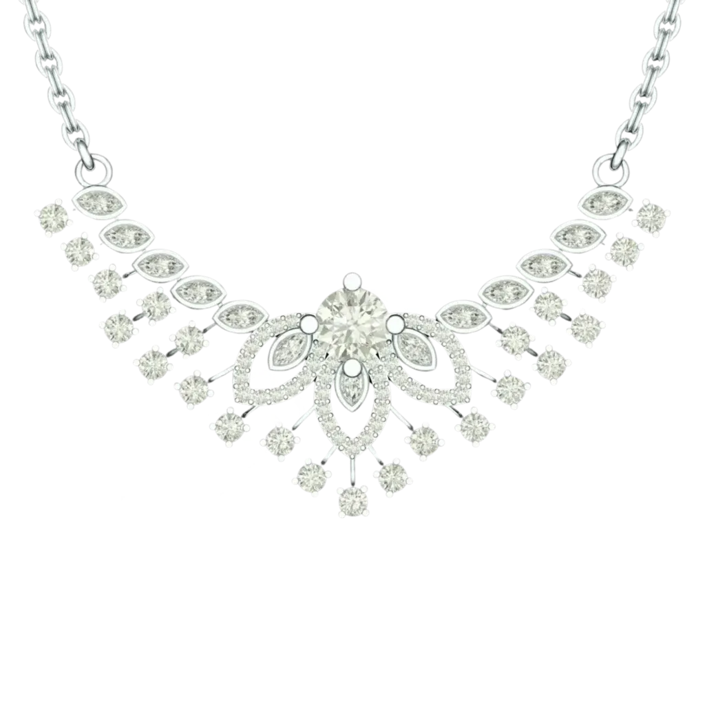 Front view of the Tribhanga bridal diamond necklace featuring a radiant sunburst design.