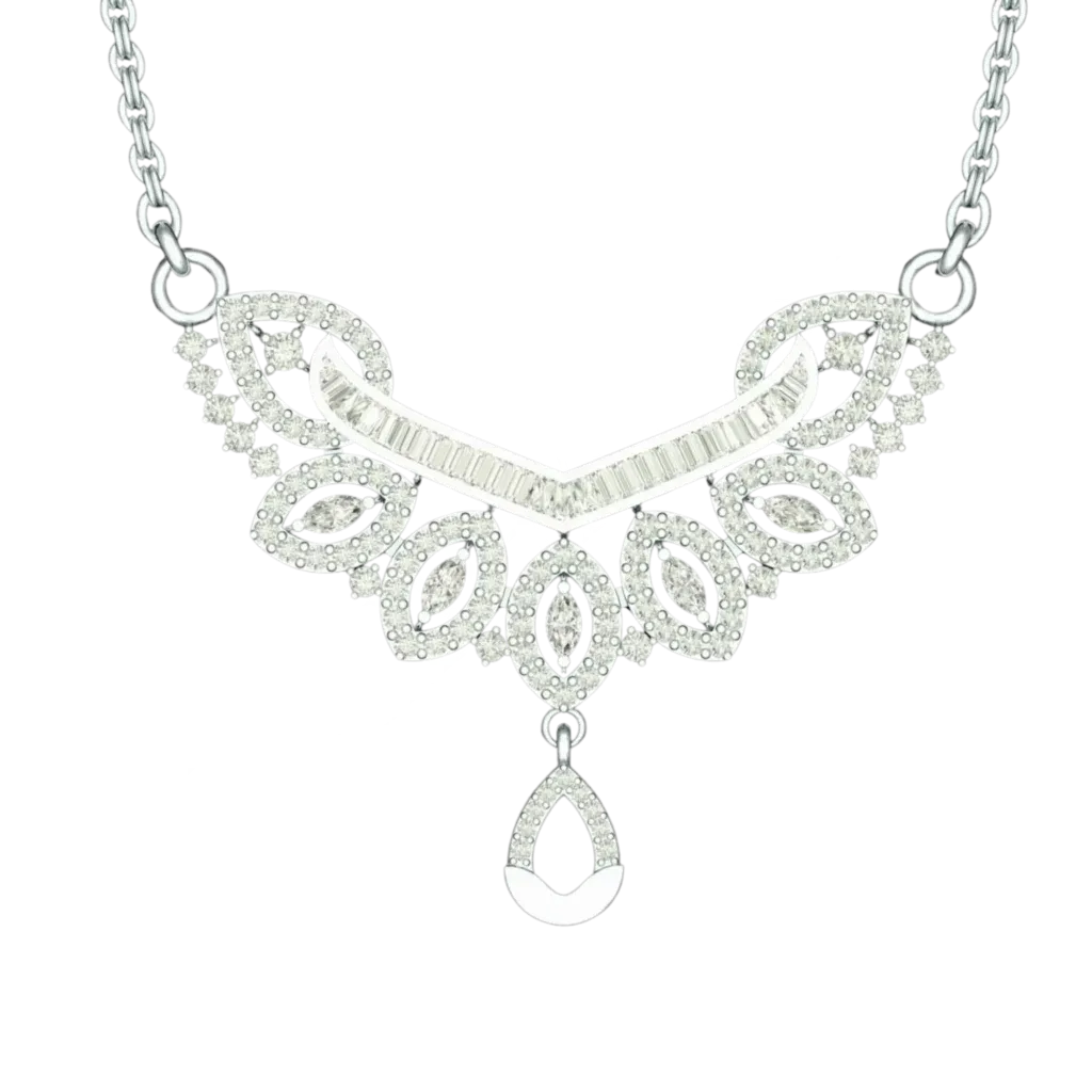 Front view of the Tribhanga diamond pendant necklace featuring a V-shaped bar and floral marquise drop.