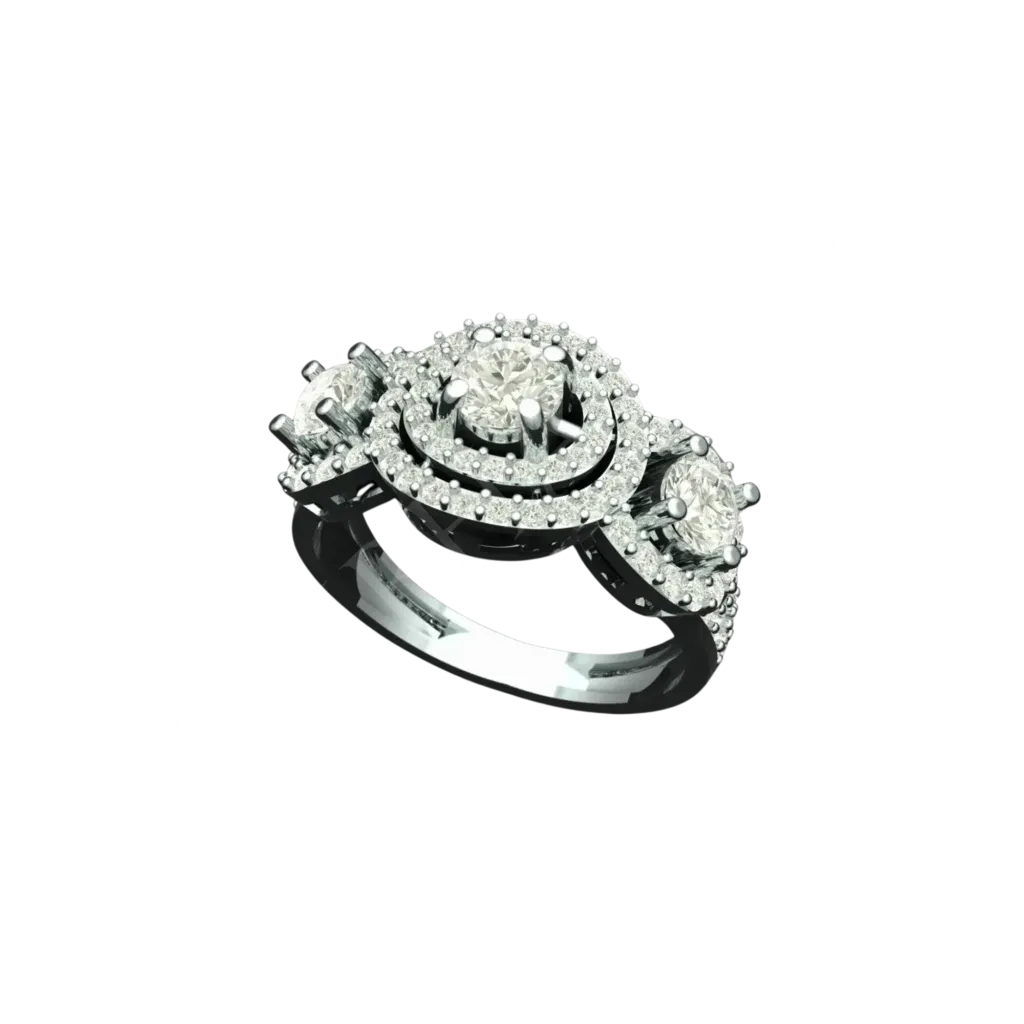 Angled view of the Tribhanga diamond trilogy ring showing the three halo settings.