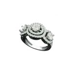 Angled view of the Tribhanga diamond trilogy ring showing the three halo settings.