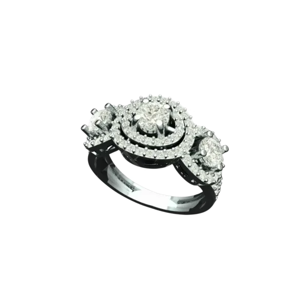 Angled view of the Tribhanga diamond trilogy ring showing the three halo settings.