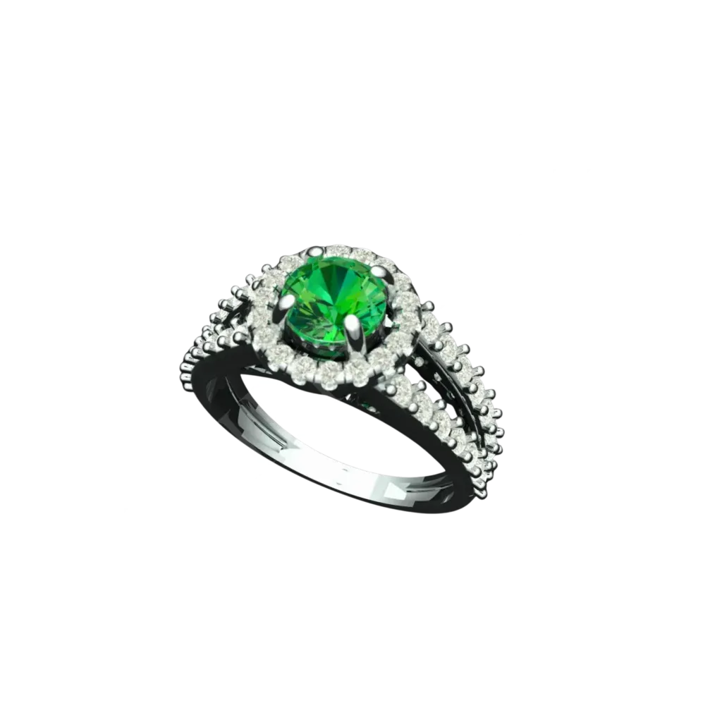 Angled view of the Tribhanga emerald halo ring with a split shank band.