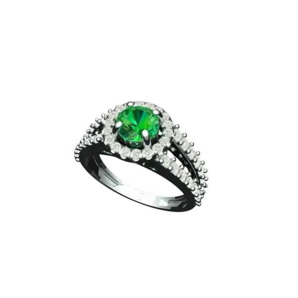 Angled view of the Tribhanga emerald halo ring with a split shank band.