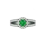 Top view of the Tribhanga emerald halo ring showing the halo and band details.