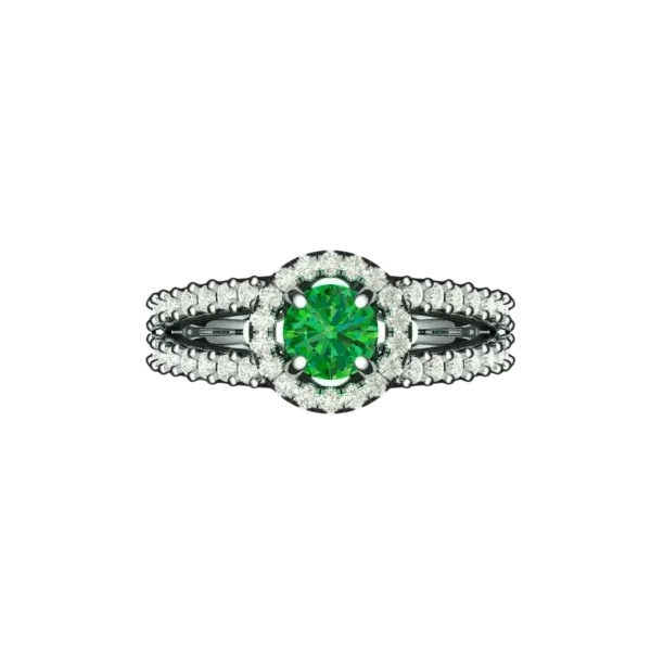 Top view of the Tribhanga emerald halo ring showing the halo and band details.