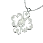 Angled view of the Tribhanga filigree diamond pendant showing the setting details.