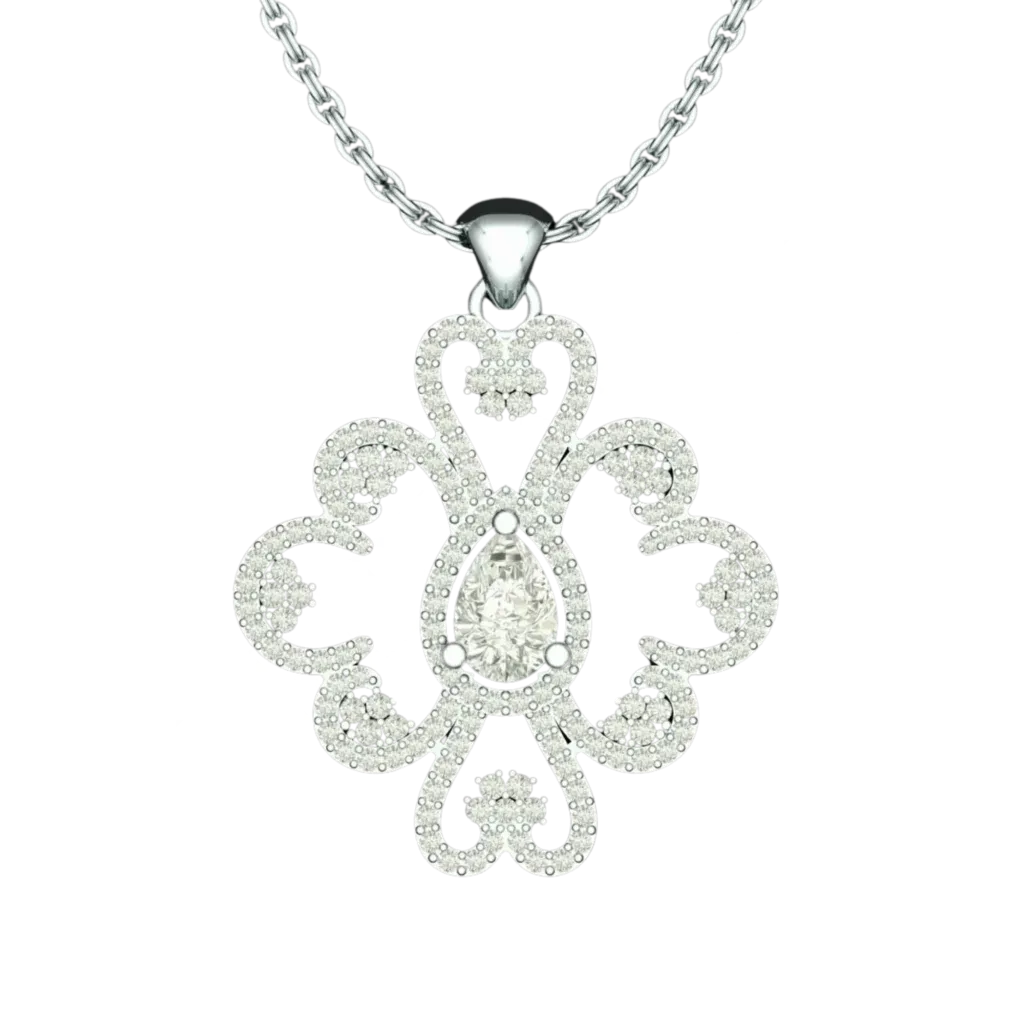 Front view of the Tribhanga filigree diamond pendant with a central pear stone.