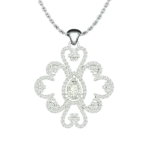 Front view of the Tribhanga filigree diamond pendant with a central pear stone.